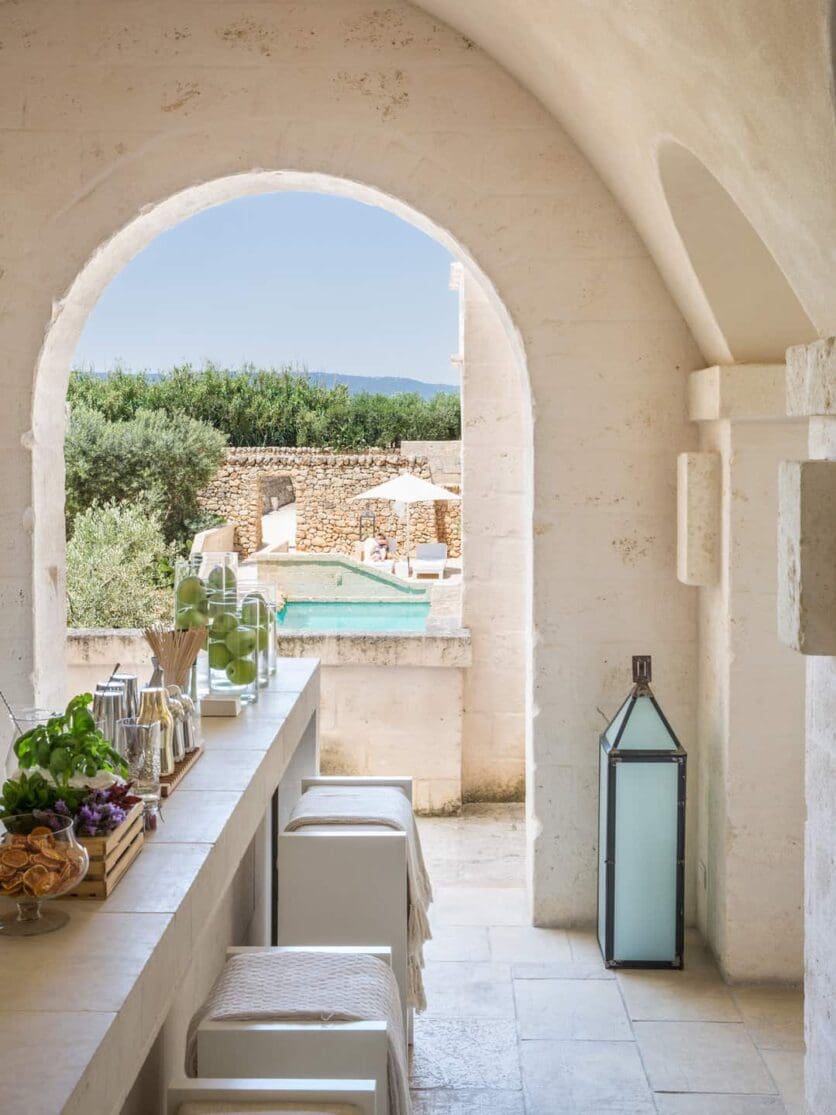 Borgo Egnazia, Puglia, Bar del Portico interior view out over pool
