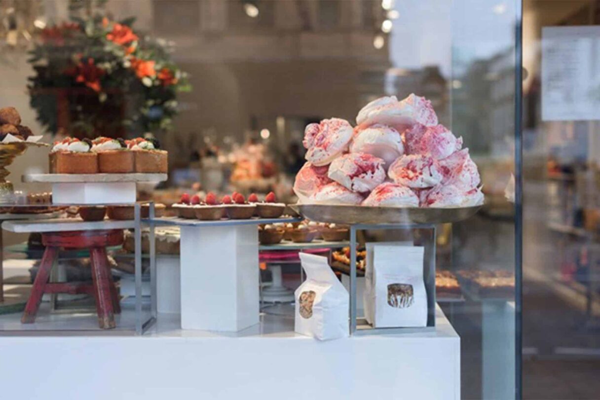 Ottolenghi restaurant, Islington - window view of pastries and cakes