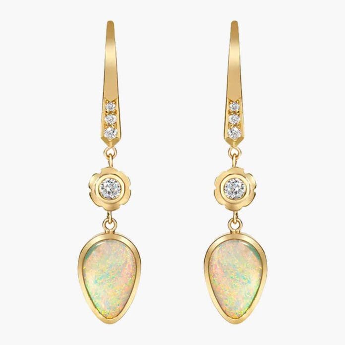 Flora Bhattachary, opal and diamond earrings, October birthstone