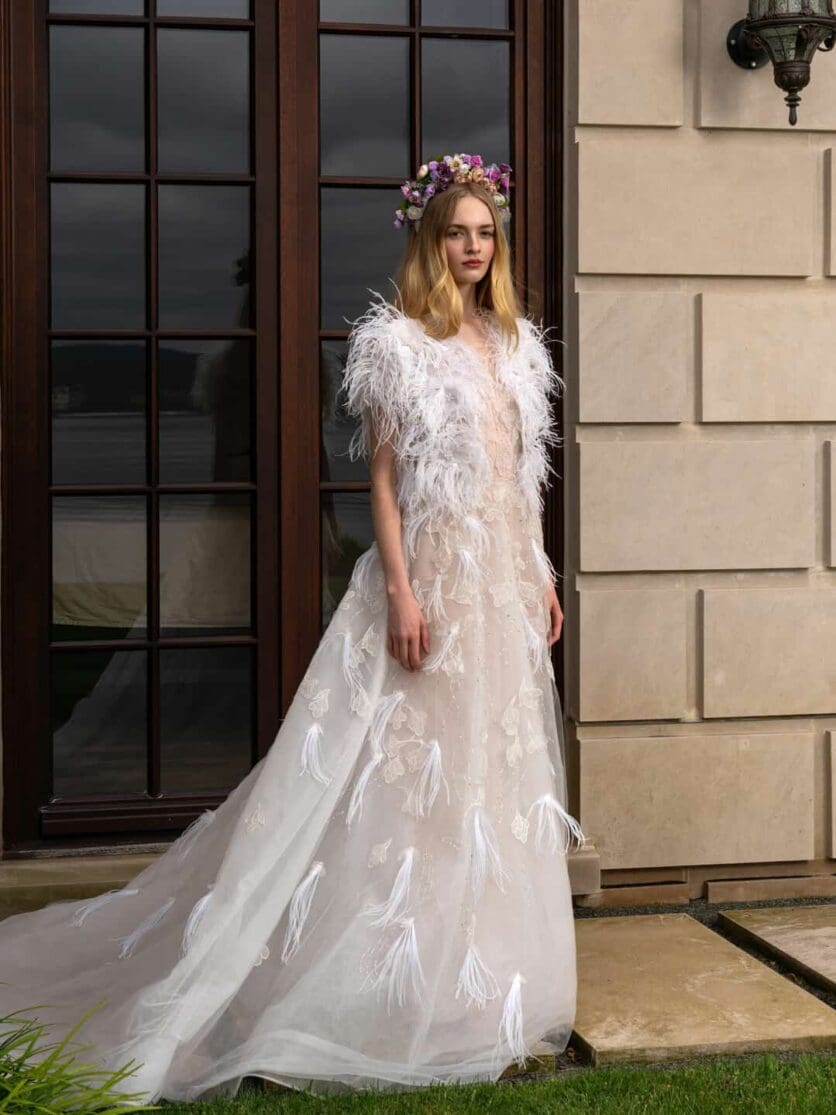 reem acra feathered wedding dress