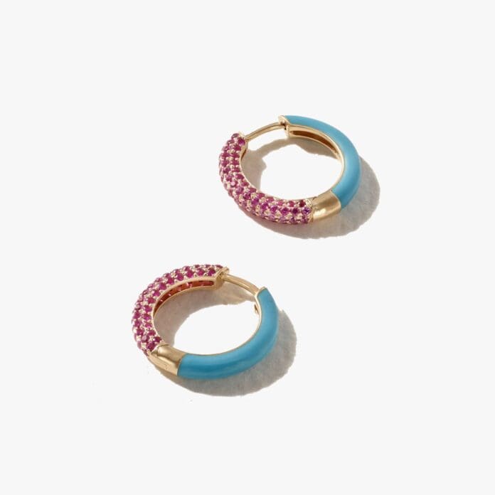 Emily P. Wheeler Duo gold, sapphire, ruby and enamel hoop july birthstone earrings