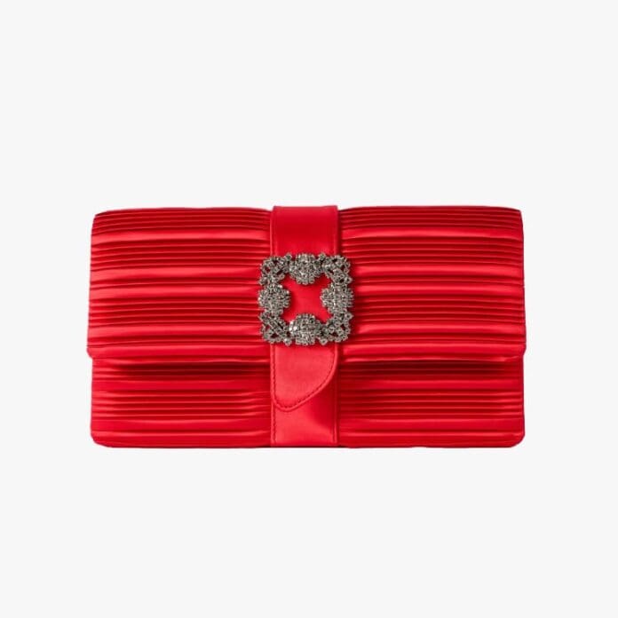 Manolo Blahnik Capri crystal-embellished pintucked satin clutch