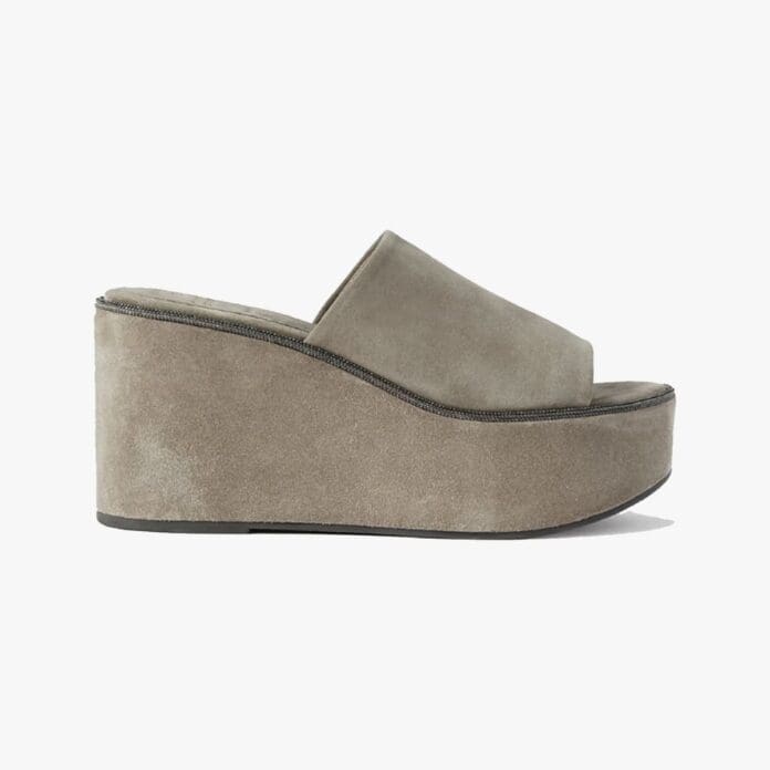 Brunello Cucinelli bead-embellished suede wedge mules