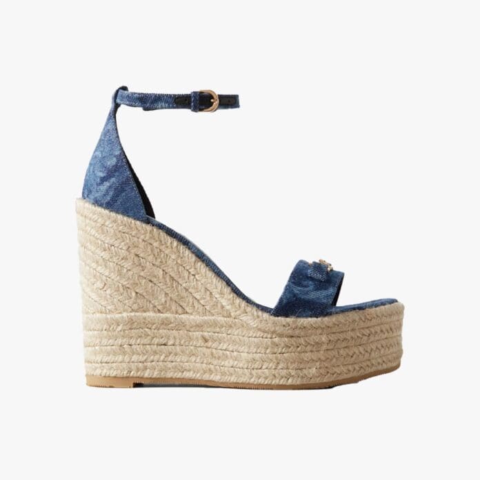 Versace embellished leather-trimmed floral-print denim wedge sandals