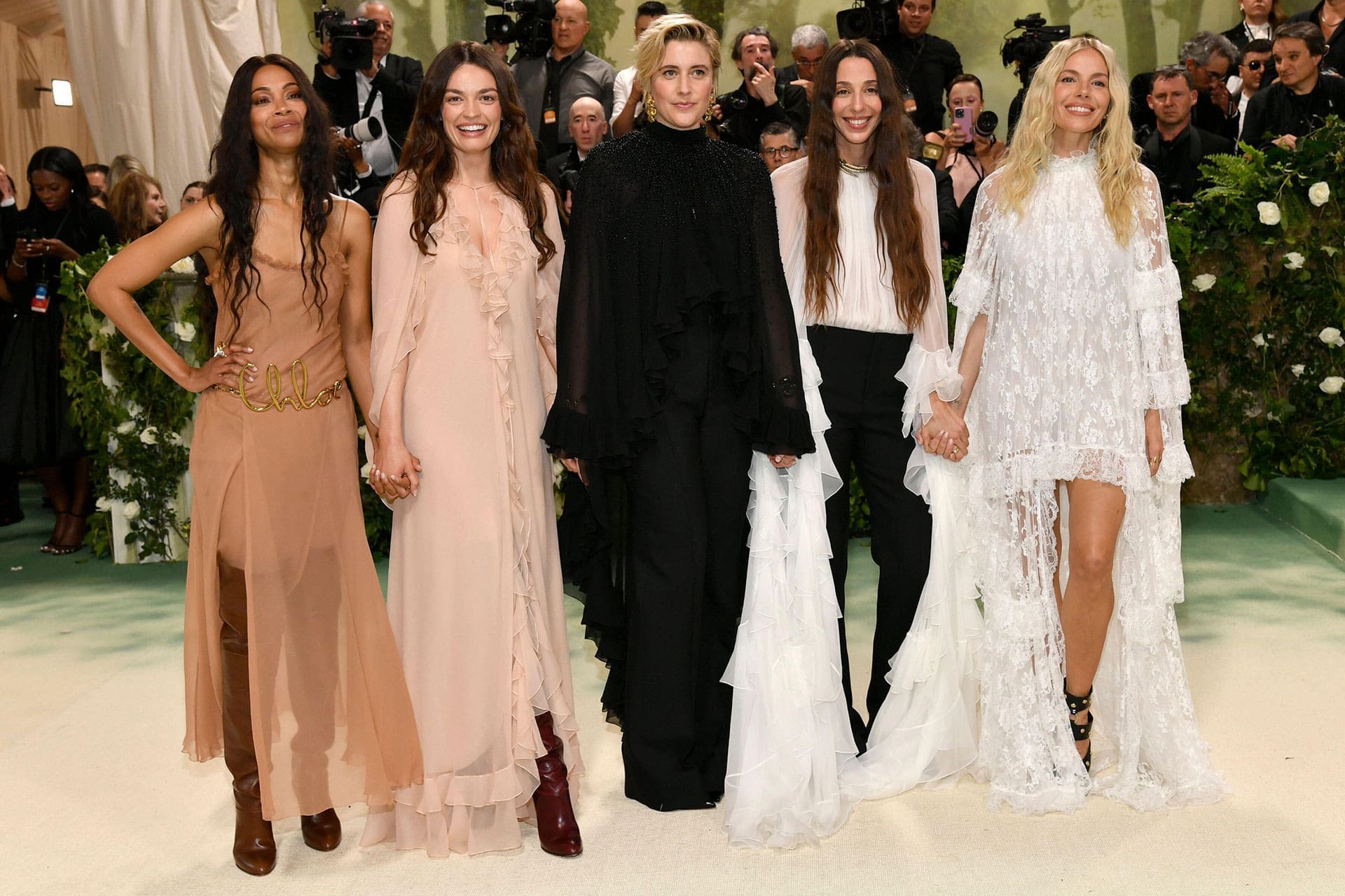 Zoe Saldana, from left, Emma Mackey, Greta Gerwig, Chemena Kamali and Sienna Miller met gala 2024