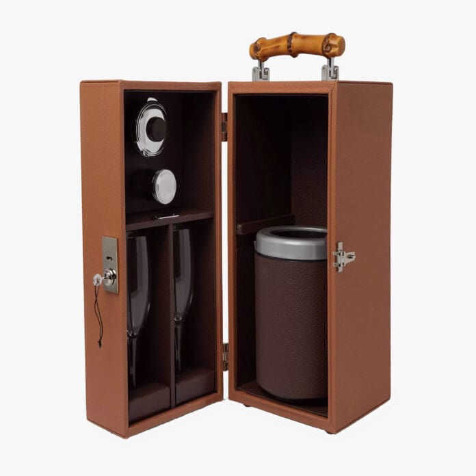 Lorenzi Milano leather and bamboo champagne cabinet