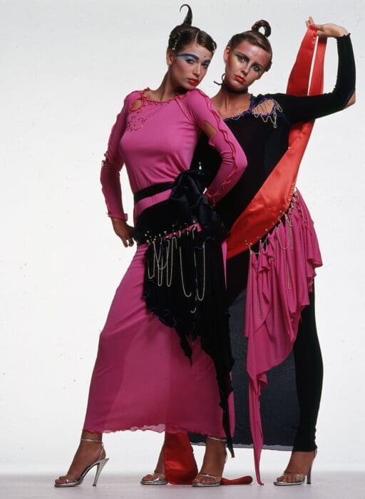 Polly Eltes and Louis de Teliga wearing Rhodes' SS 1977 Coneptual Chic collection