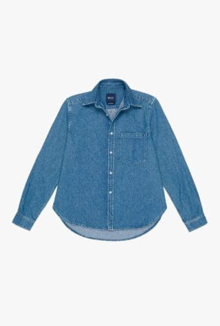 with nothing underneath denim shirt