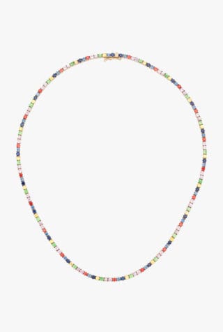 Roxanne First yellow gold Graduated Rainbow sapphire tennis necklace
