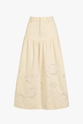 Ganni Embroidered denim midi skirt