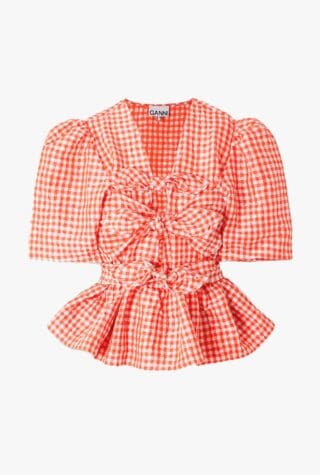Ganni bow-detailed gingham blouse