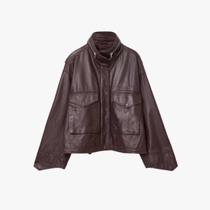 Clay funnel neck leather jacket