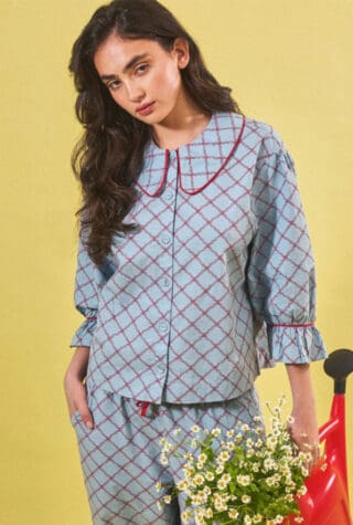 TBCo Blue Lattice Cropped Cotton Pyjamas